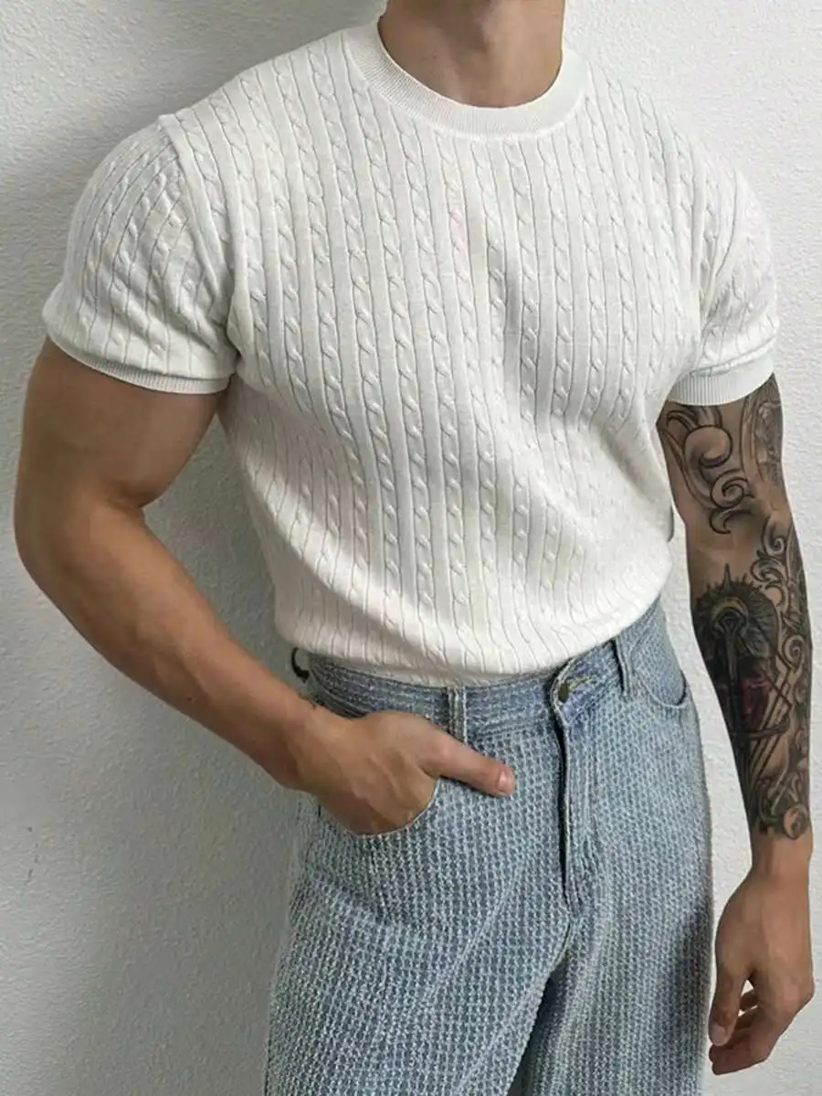 Men's Black Cable Knit Short Sleeve Pullover - Slim Fit, Casual Wear