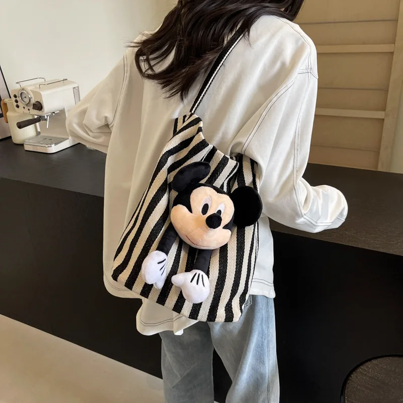 Kawaii Disney Mickey Mouse Shoulder Bag Women's Striped Canvas Bag Bucket Bag Large Capacity Student Commuting Zipper Square Bag