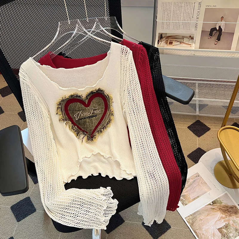 Women\'s Heart Shaped Hollow T-shirt Round Neck Long Sleeve High Street Y2K College Retro 2000s Top Knitted Sweater 2024 Clothing