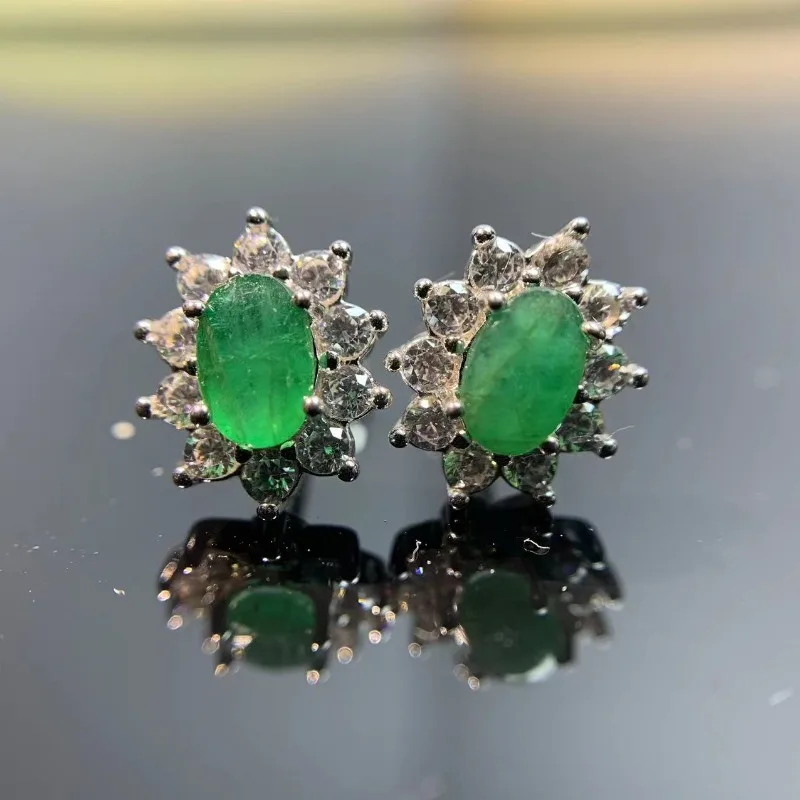 Natural Emerald Stud Earrings 4x6mm 100%-S925 Silver Jewelry Wedding Party Commemorative Birthday Gift