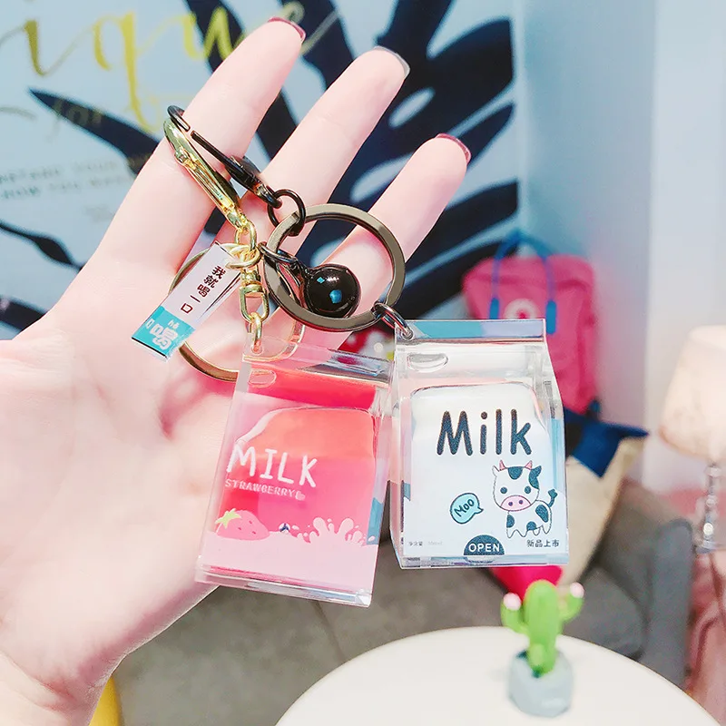 Creative Dairy Cow Milk Drinks Acrylic Keychain Moving Liquid Milk Keyrings Decompression Drift Bottle Keyfob Jewelry Kids Gifts