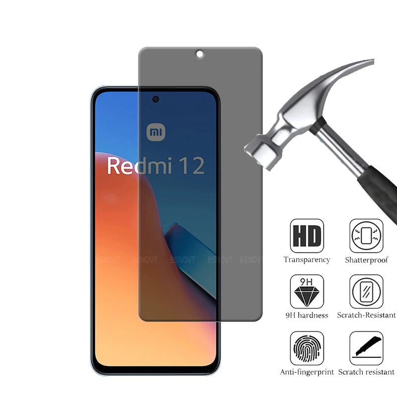 4/3/2/1Pcs For Redmi 12 Glass Xiaomi Redmi 12 4G Tempered Glass 9H HD Privacy Anti-Spy Glue Screen Protector Redmi12 Redmi 12 4G