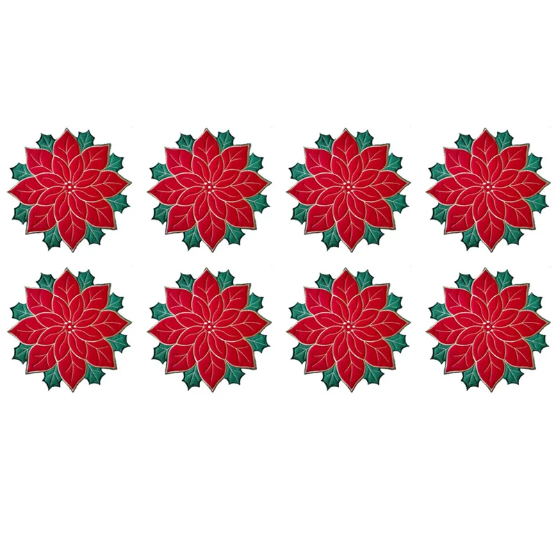 

ABUN-8X Holiday Christmas Embroidered Placemats Applique Poinsettia Placemats Christmas Flower Placemat A
