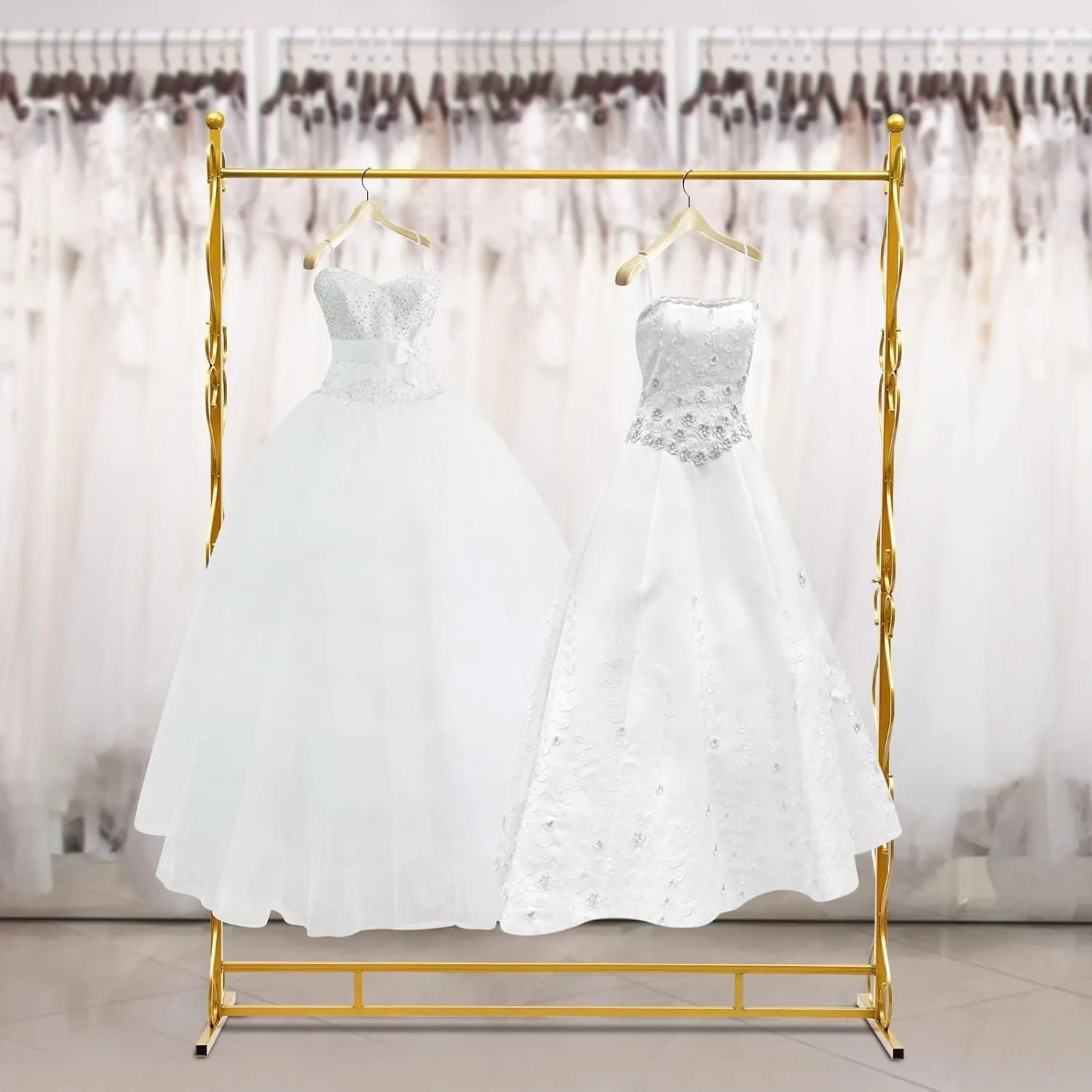 Retail Gold Clothing Rack for Boutique Display, Wedding Dress Rack, Metal Floor Standing Dress Racks for Hanging Long Dresses