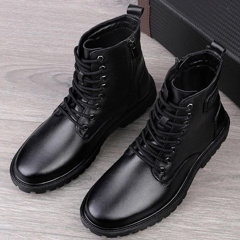 

Winter Fashion Men's Leather Boots Handmade Retro Motorcycle Genuine Leather Men's Boots Trendy Plus Velvet Thickened Work Shoes