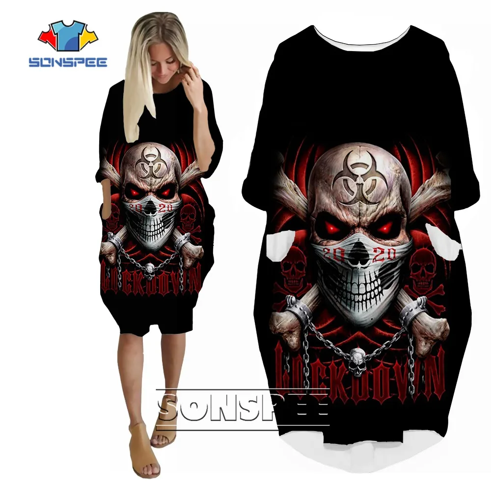 SONSPEE Fashion Summer New Horror Skull 3D Printed Women's Dress O-Neck Casual Fashion Loose Hot Sale Long Sleeve Pocket Skirt