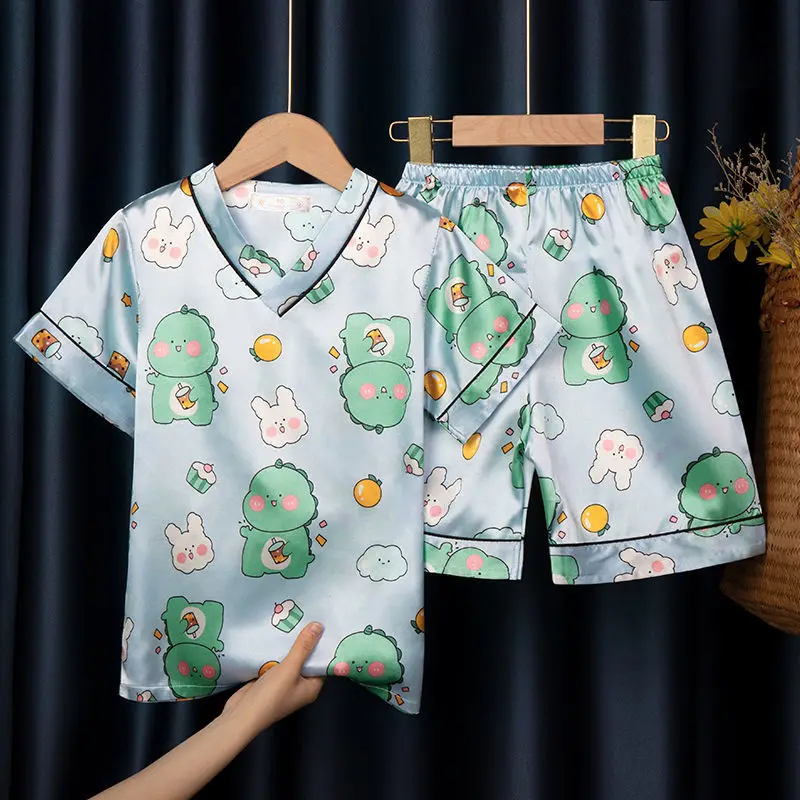 Children's Spring/Summer New Boys' Cartoon Ice Silk Short Sleeve Home Fury Set Lightweight and Comfortable Sleepwear