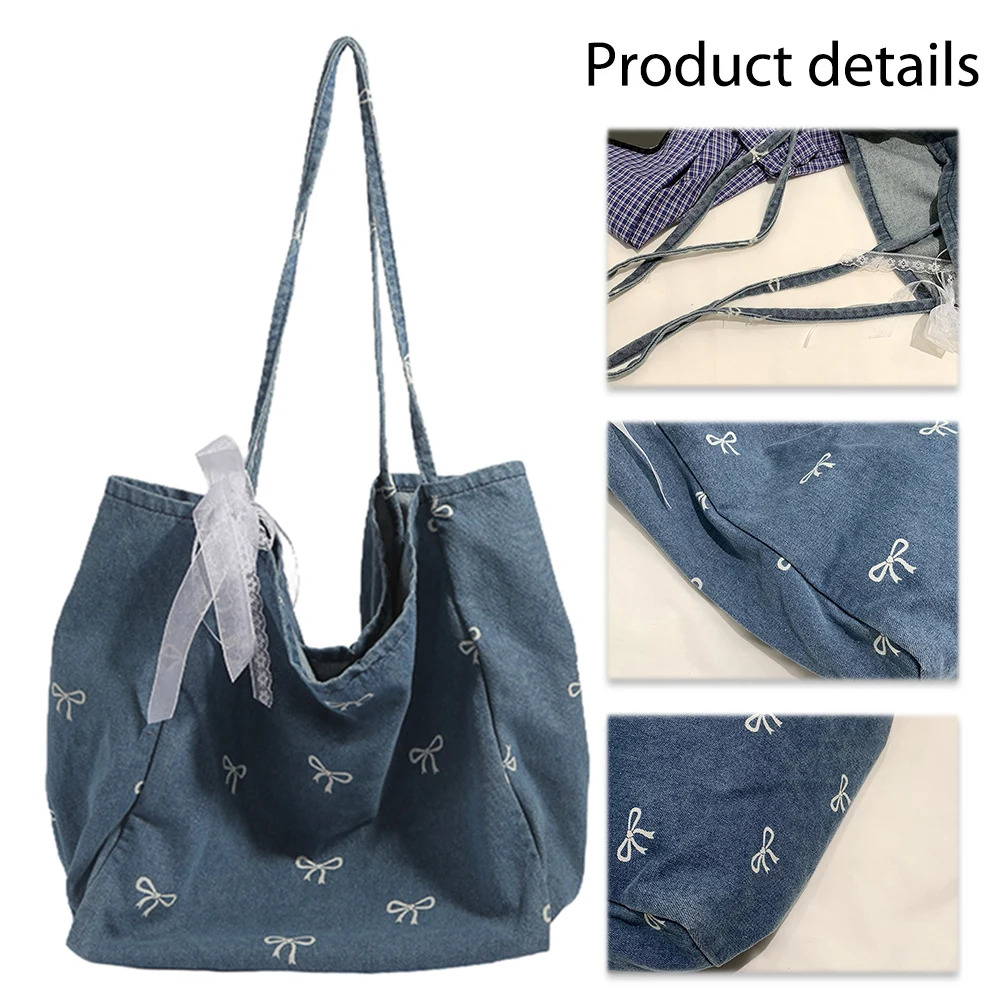 

Women Shoulder Bag Large Capacity Bow-Knot Denim Commuting Handbag with Bow Ribbon Female Packages Shopper Bag for Travel Work