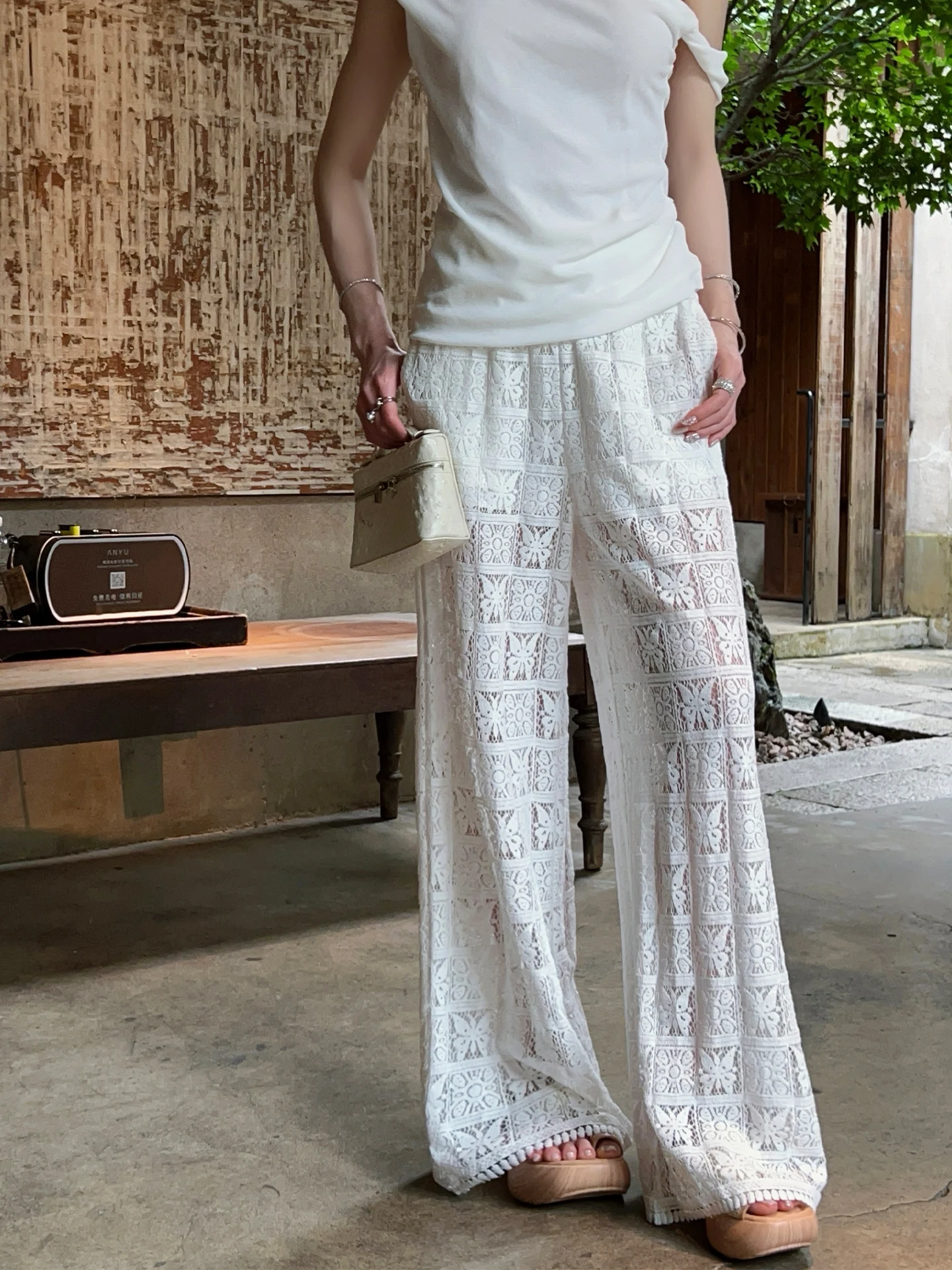 

Брюки FairyJiang с высокой талией, кружевные, с вырезами, белые, широкие, женские, драпированные, повседневные, осенние, элегантные