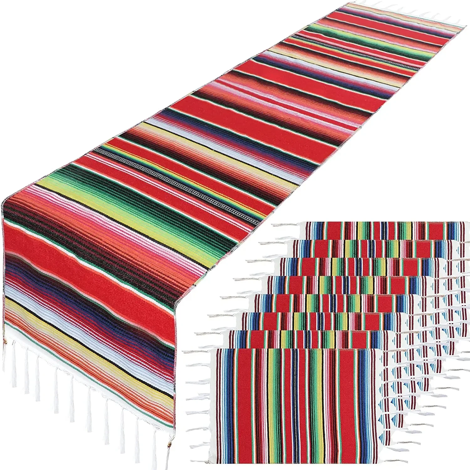 1PCS Mexican Stripe Table Runner with 8PCS Placemats Combination Set ,Cotton Dining Table Decor for Cinco de Mayo Mexican Fiesta