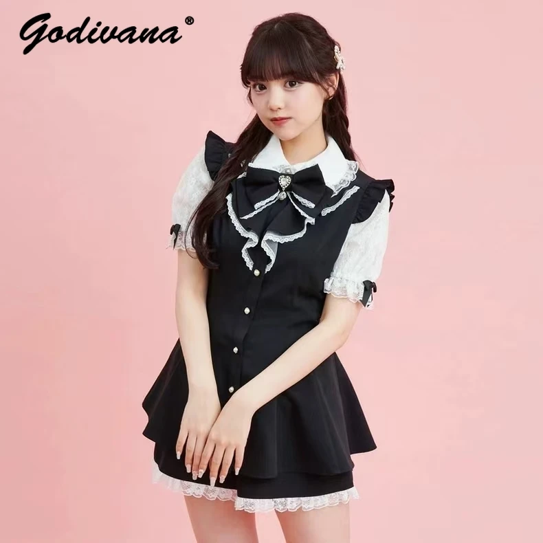 

SC Suit 2024 New Short Sleeve Back Waist Drawstring Lace Up Bow Slimming Shirt and Shorts 2 Peice Set Girl Women's Lolita Outfit