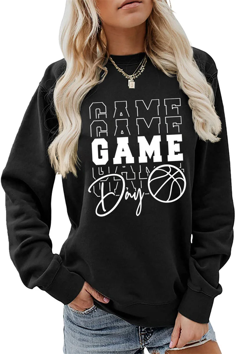 New cotton autumn women's game game game day ball letter print fashion all casual round neck long sleeve loose shirt