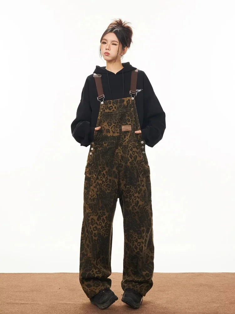 2024 New Women's Vintage Leopard Jumpsuits Denim Jumpsuit Y2k Harajuku Overalls Streetwear High Waist Wide Jean Pants Women's