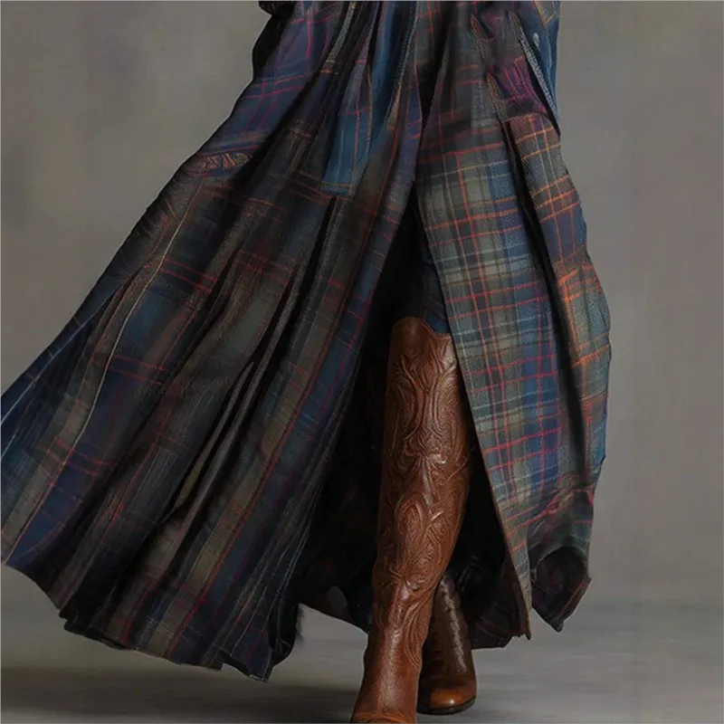 فستان شتوي عتيق من جلد الغزال منقوش سبليت للحفلات أنيق بأزرار على شكل حرف a فساتين ماكسي بوهيمية ملابس الشارع الشهير 2026