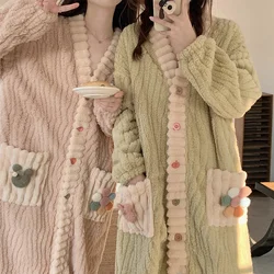 Casual New Winter Night robe Women Loose Warm Coral Fleece Robe Night Wears Nightgown Female Flower Home Clothes