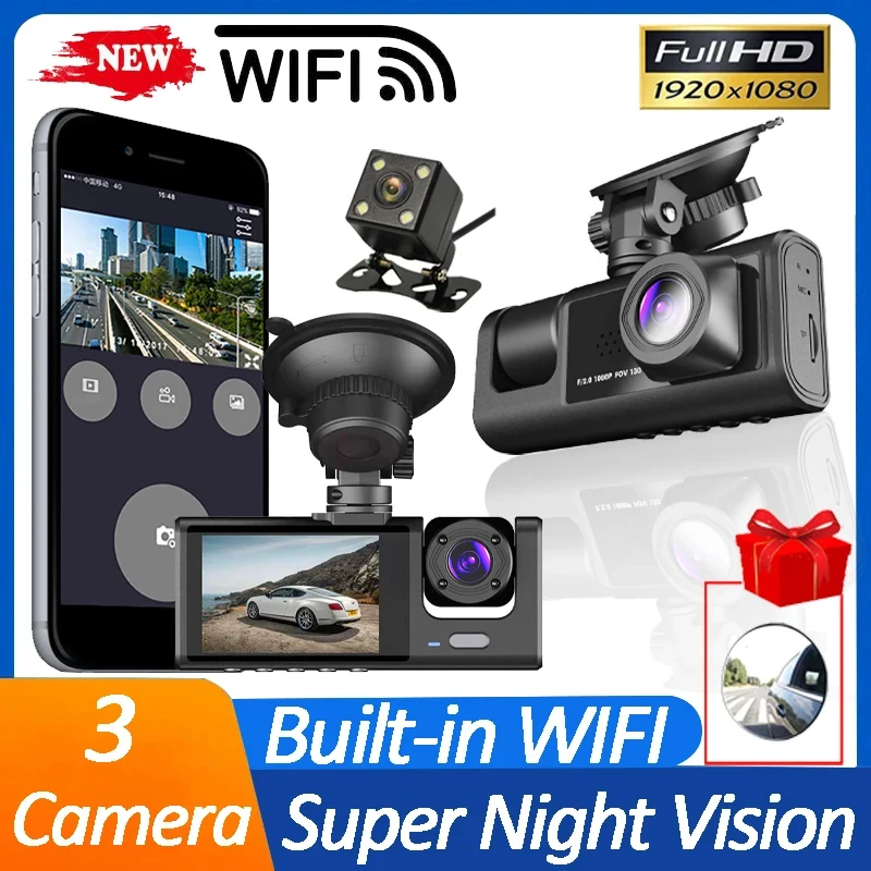 3 Channel WiFi Dash Cam for Cars Camera 1080P Video Recorder Rear View Camera for Vehicle Car DVR Car acesssories Free Mirror