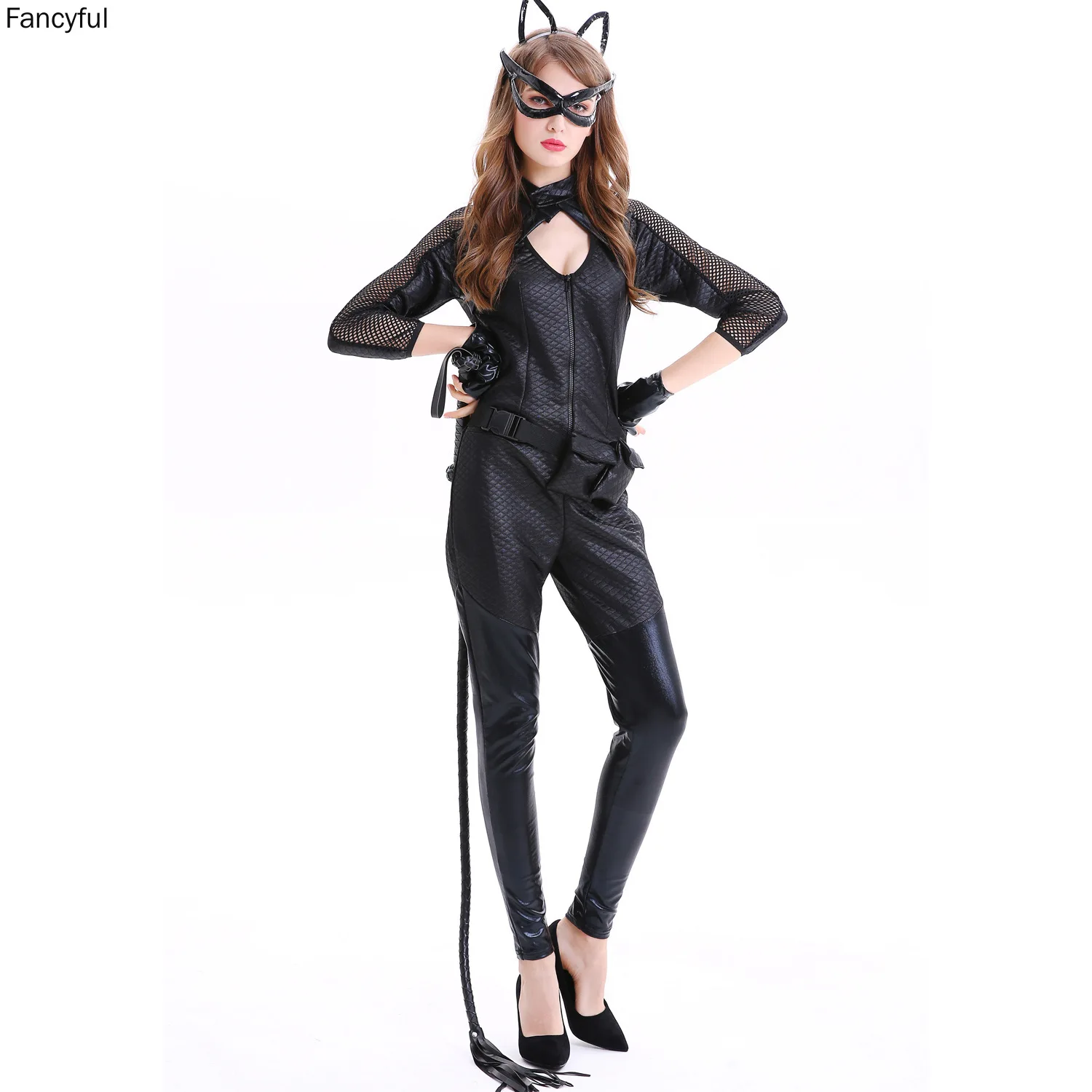 Trajes de Halloween para mulheres, Cosplay Cat, Girl Costumes, Couro Sexy, Máscara PU, Interpretação de Papéis Femininos, Conjunto de luvas