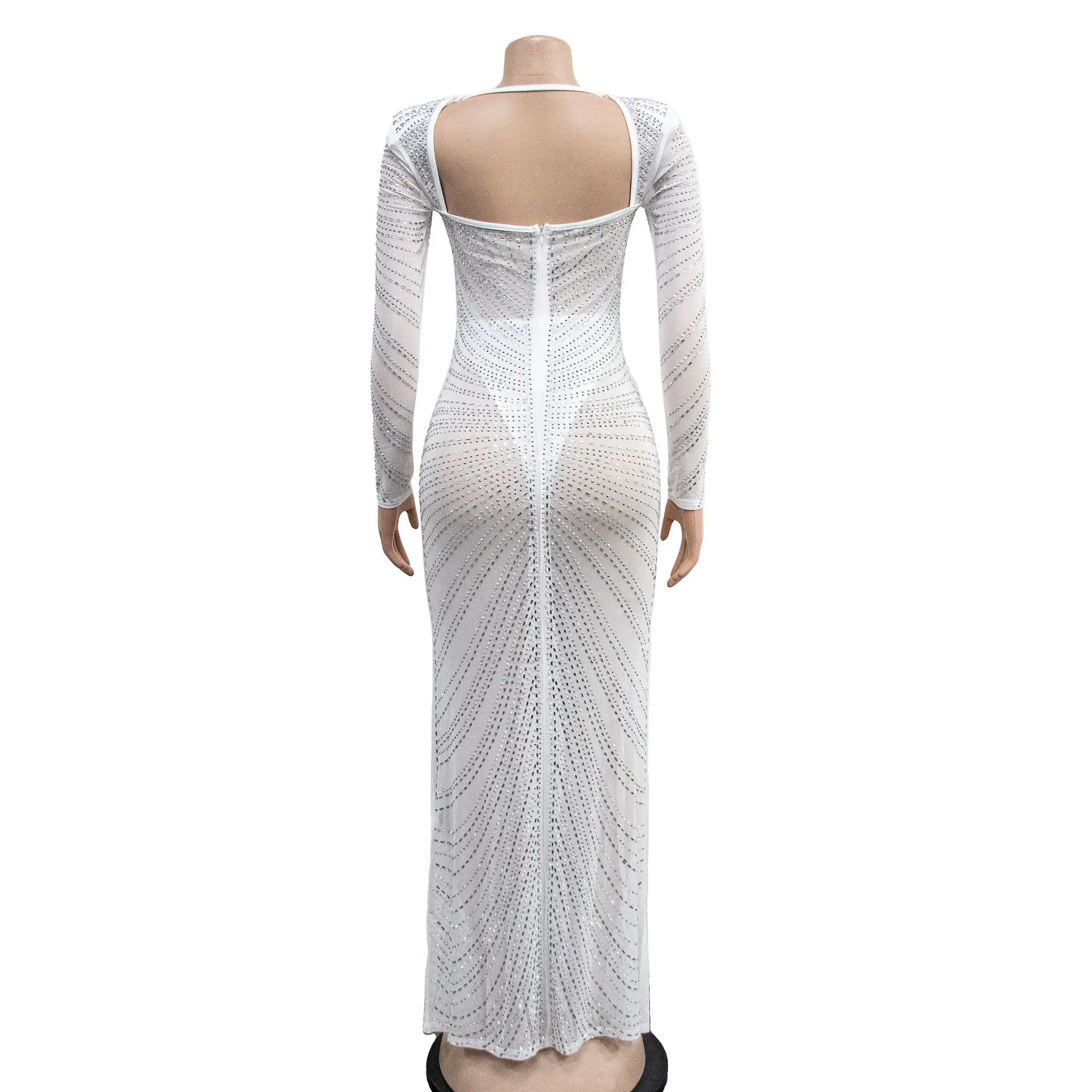 ใหม่แฟชั่นเซ็กซี่แขนยาวสแควร์คอเลื่อมตาข่าย SHEER สีทึบ SLIM FIT Sheath ความยาวชุดผู้หญิง,4 สี