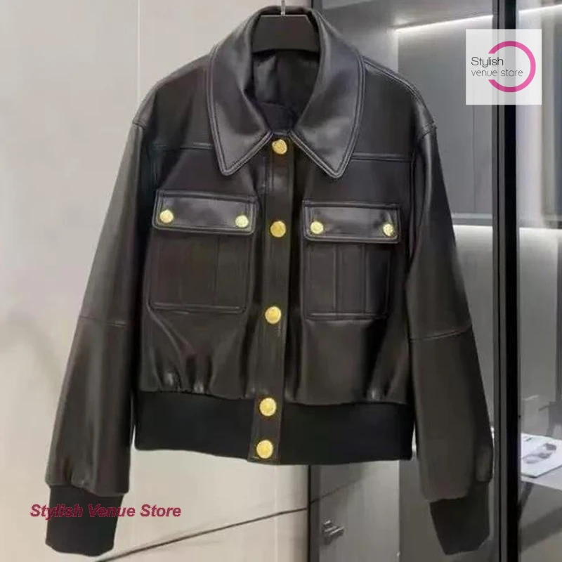 

Korean style black leather jacket women's autumn and winter new short design sense of advanced temperament leather jacket coat.