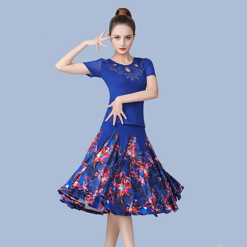 Womens dance mid-length skirt printing dance skirt large swing skirt ballroom dance practice performance clothing