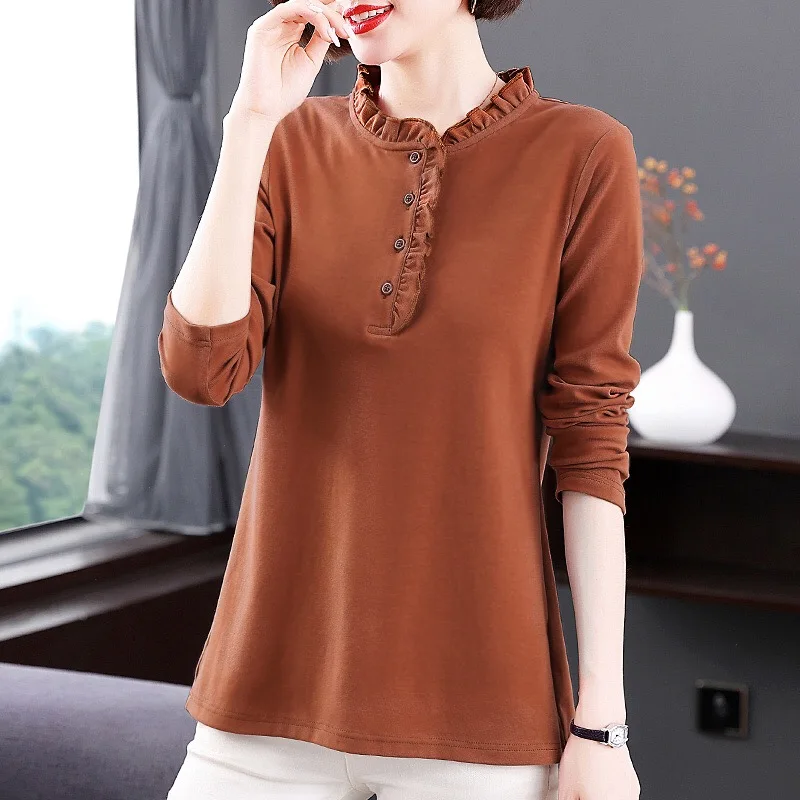 2024 خريف موضة جديدة بلون تي شيرت امرأة س الرقبة طويلة الأكمام تي شيرت المرأة النمط الأوروبي الإناث زر القمصان
