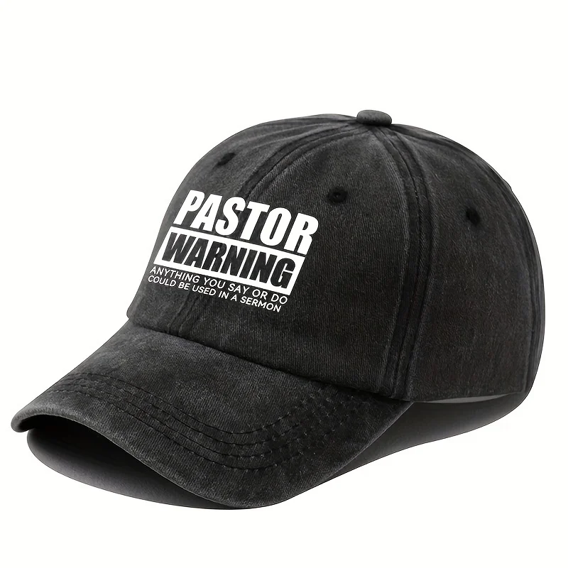 

Pastor Warning Vintage Washed Baseball Cap Adjustable Breathable Sun Hat for Women, Black with White Letter Print, Casual Outd