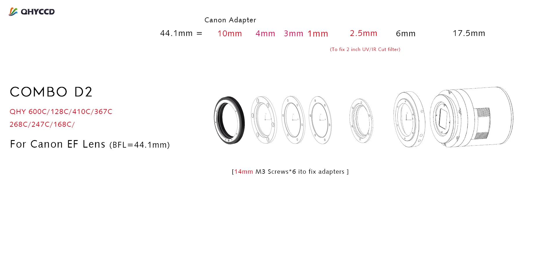 QHYCCD Adapter Kit D2 Canon EF Lens for QHY268C/600C/410C/168C/247C/367C/128C + 2inch Filter Fixer