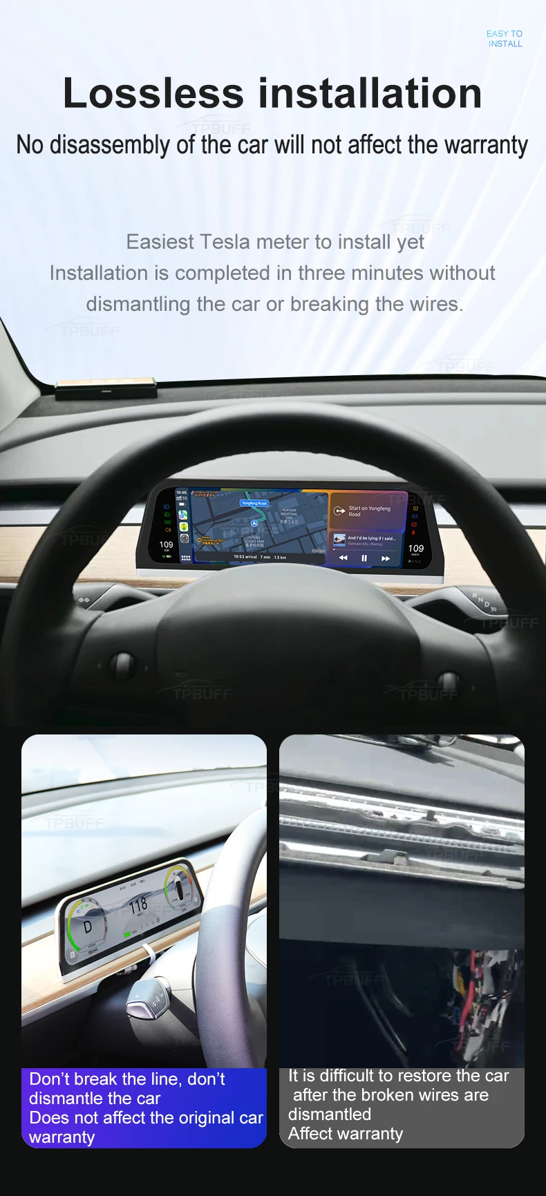 TPBUFF-tablero Digital HUD para Tesla Model 3 Y, pantalla frontal de 9,66 pulgadas, compatible con Carplay, Android, pantalla IPS automática,