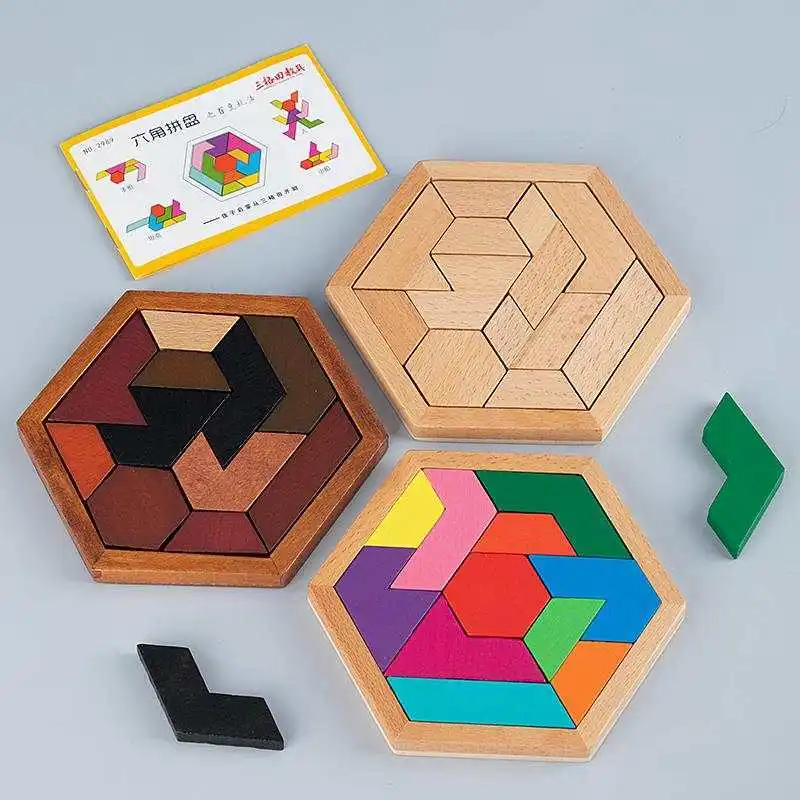 ตัวต่อหกเหลี่ยมแทงแกรม ปริศนาไม้ ฝึกสมอง ทดสอบไอคิว ฝึกตรรกะ สำหรับเด็กและผู้ใหญ่ ของเล่นเสริมพัฒนาการแบบมอนเตสซอรี่