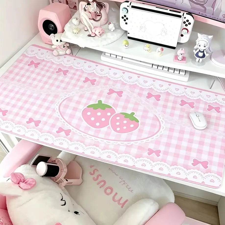 Leather Desk Pad Protector Koreains Love Pink Grid Bow Strwberry Lace Y2K Mouse Pad Office Desk Mat Non-Slip PU Desk Blotter Pad