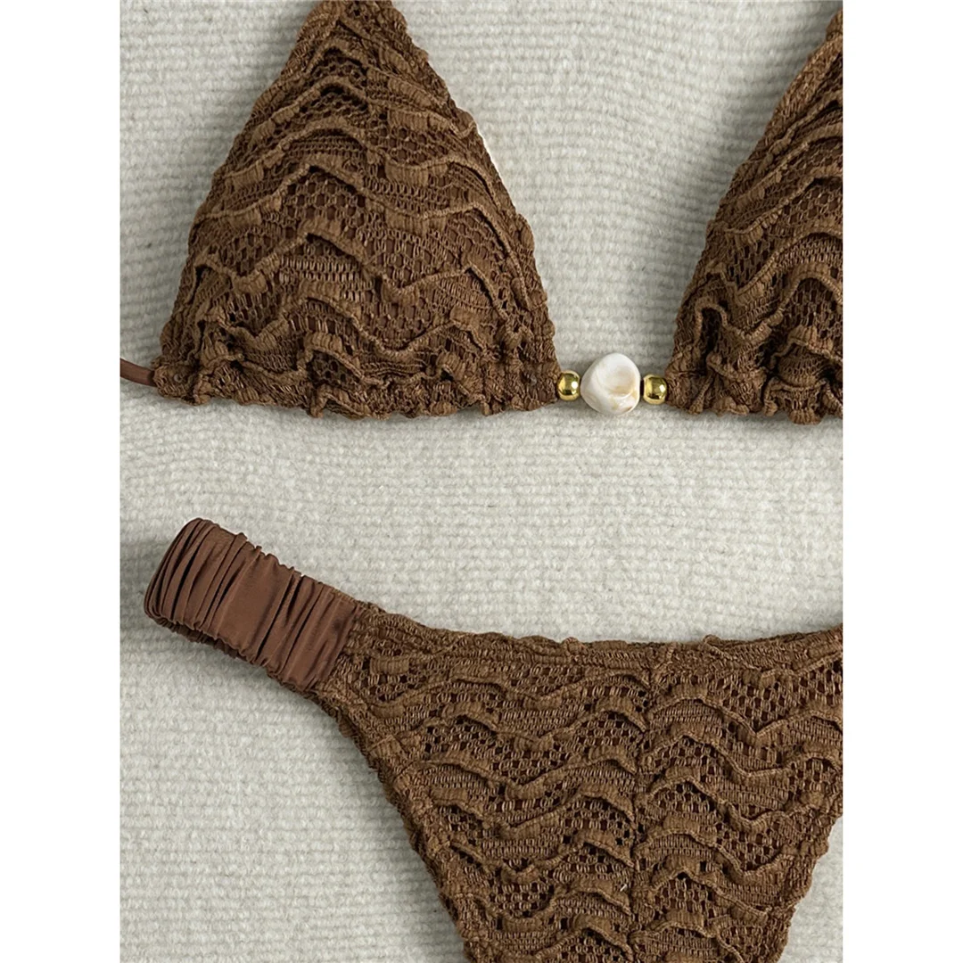 2026 Geknitterter Neckholder-Bikini Damen-Badeanzug zweiteiliger Bikini-Set gepolsterter Badeanzug Badebekleidung V8135 – Detail 18