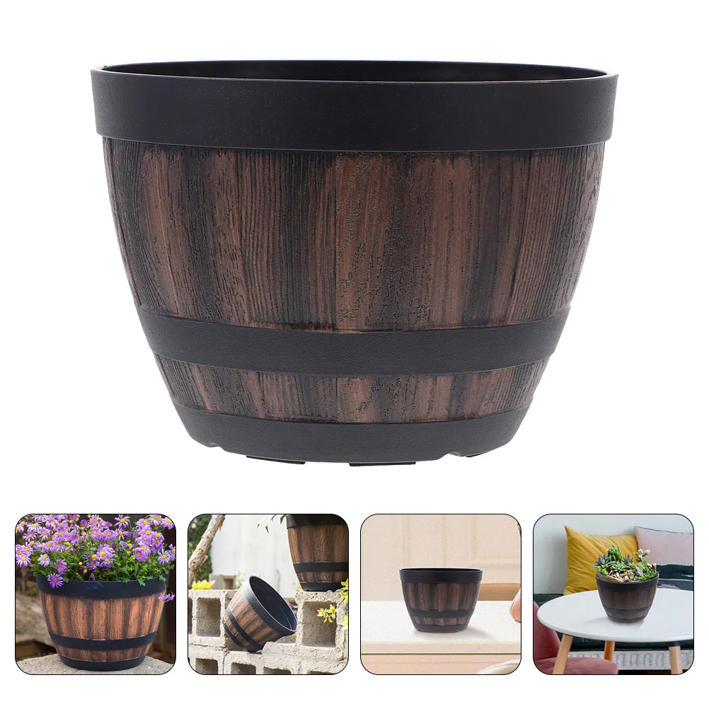 

Lotus Bowl Pot Garden Planter Imitation Wooden Barrel Creative Plastic Retro Flower Succulent Flowerpots Decor