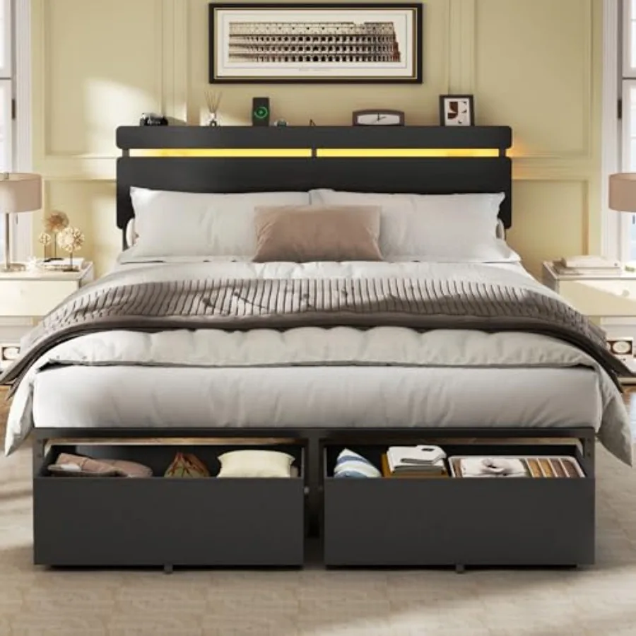 

Bed Frame with Wood Headboard, Platform Bed with 2 Storage Drawers and Shelf, Built-in Charging Station and LED Lights, Metal S