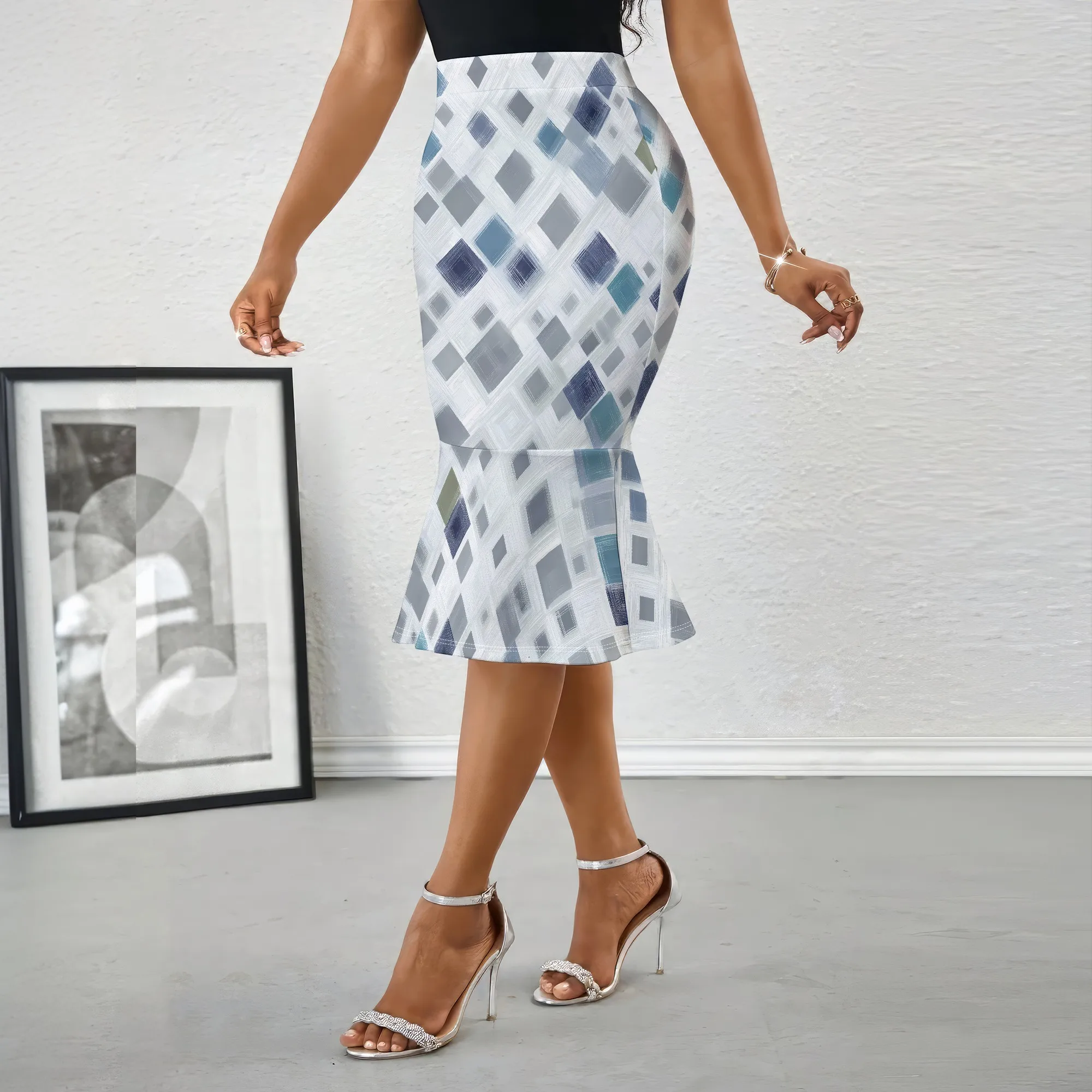 Blue Geometric Print Midi Skirt, High Waist Pencil Skirt, Ruffle Hem Bodycon Skirt for Women Office Party Wear S-2XL