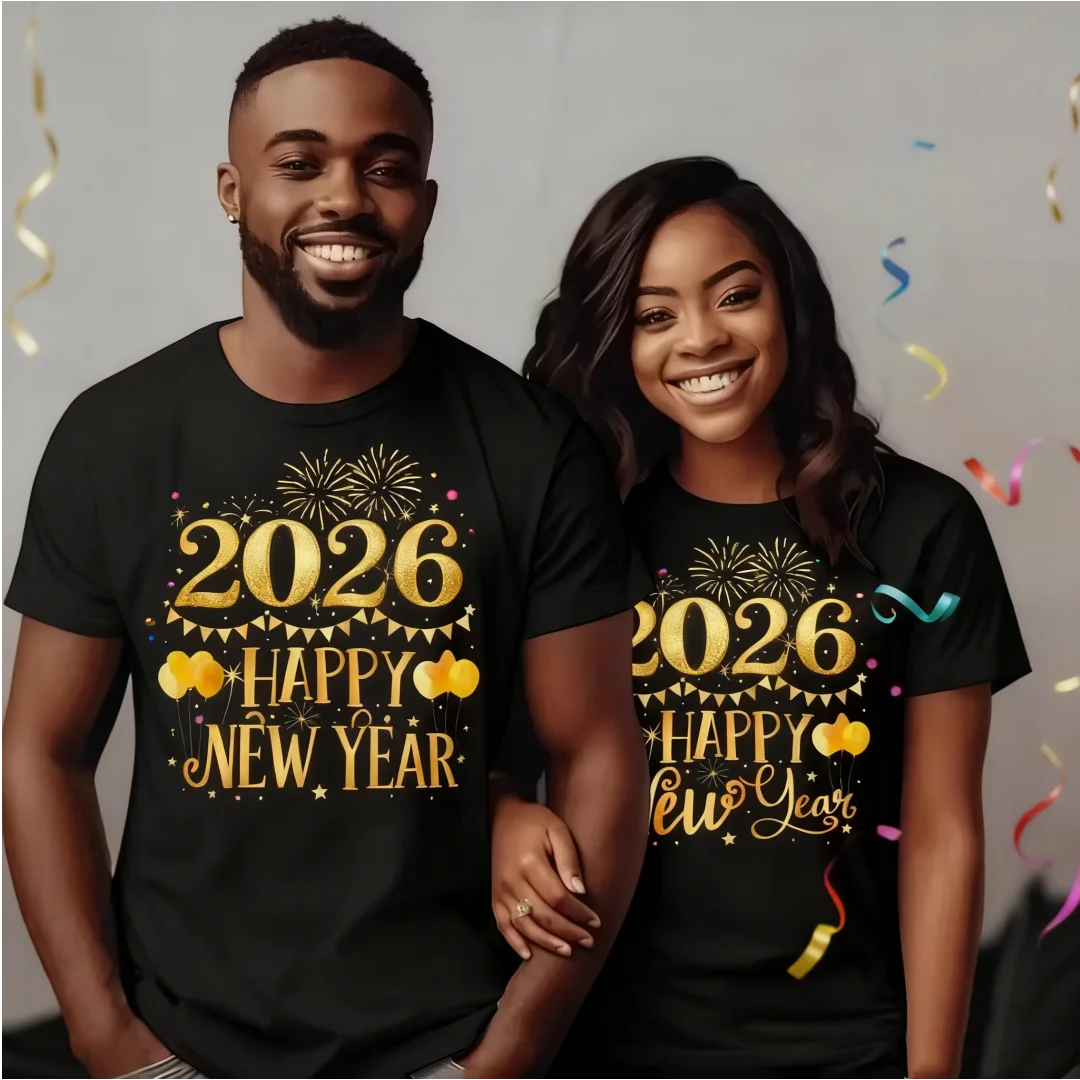 2026 سنة جديدة سعيدة تي شيرت مطبوع موضة جديدة قصيرة الأكمام الاتجاه الشارع الملابس اليومية عادية مستديرة الرقبة القمم مضحك زوجين تيز #3