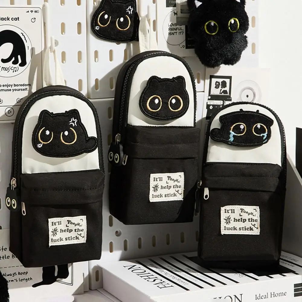 Cartoon Black Cat Pencil Case Embroidery Pattern Backpack Shape Stationery Bag Stationery Organizer Students