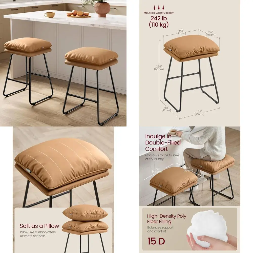 Zestaw 2 skórzanych stołków barowych o wysokości lady z metalowymi nogami i miękką wyściółką zapewniającą komfortowe siedzenie.