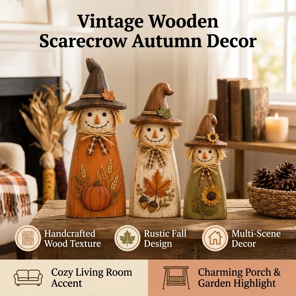 Scarecrow Ornament Decorative Figurine for Autumn Harvest Halloween Party Rustic Wood Farmhouse Home Entryway Tabletop Decor
