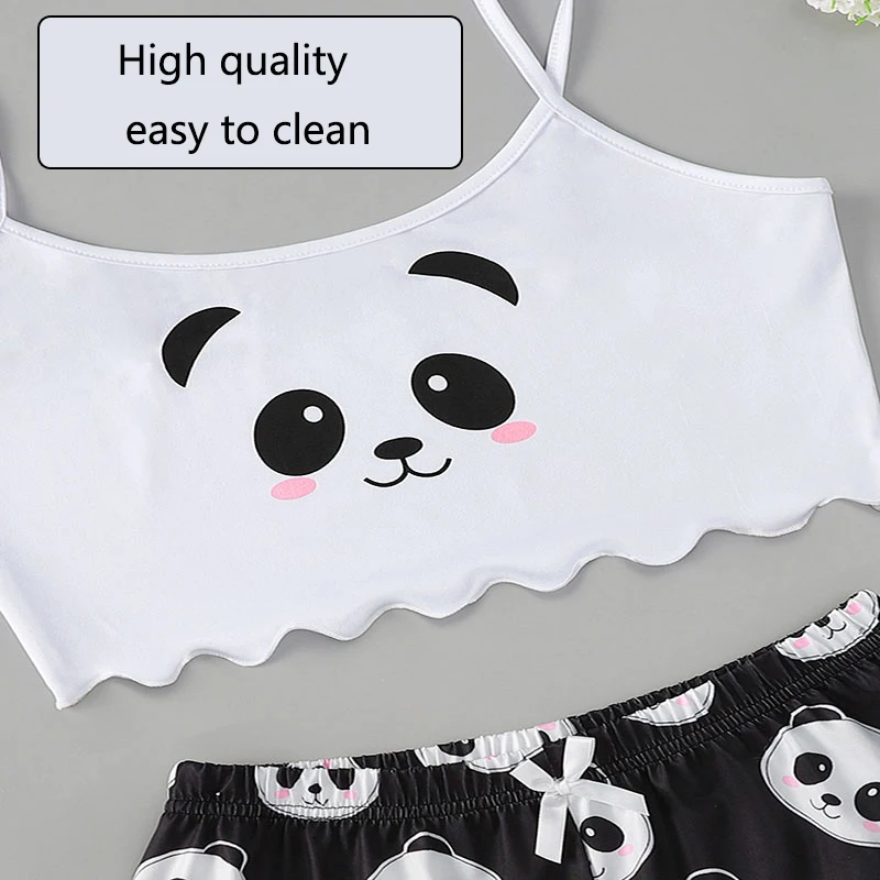 2PCS/Set Women Sleeveless Vest Camisole Top Shorts Loungewear Girl Pajamas Sexy Cartoon Panda Versatile Elastic Waist Suspenders