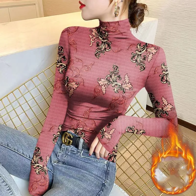 Women\'s Half High Collar Plant & Flowers Bottom Fashion Printing Long Sleeved Pullover T-shirt Slim Tops