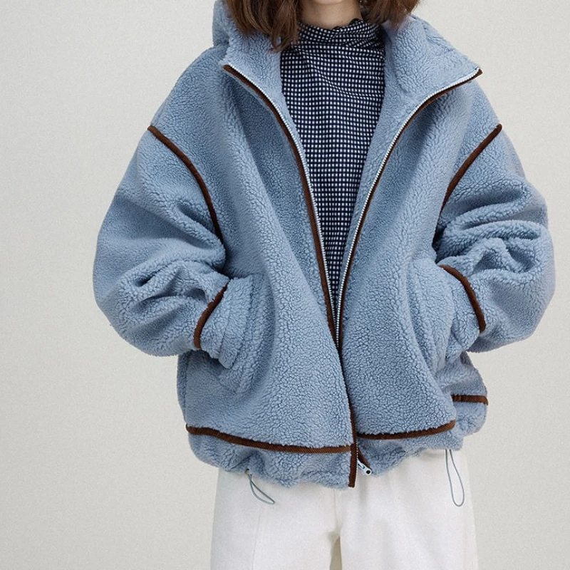 

Ultra-warm Vintage Design, Fall/winter Thickened Lambhair Contrast, Loose Hooded Coat, Blue Top
