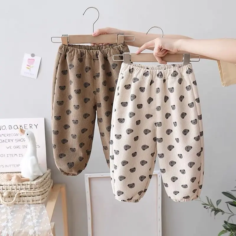 

1-6Y Children's Clothing Corduroy Wide Leg Pants Bear Print Thickened Lining or Thin Trousers for Boys Girls