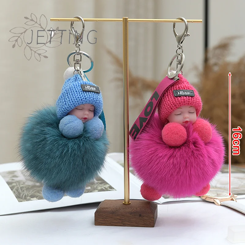ホットポンポン寝ている赤ちゃんキーホルダーかわいいふわふわぬいぐるみキーホルダー女性ガールバッグキーリング車のキーリングギフト魅力的な装飾