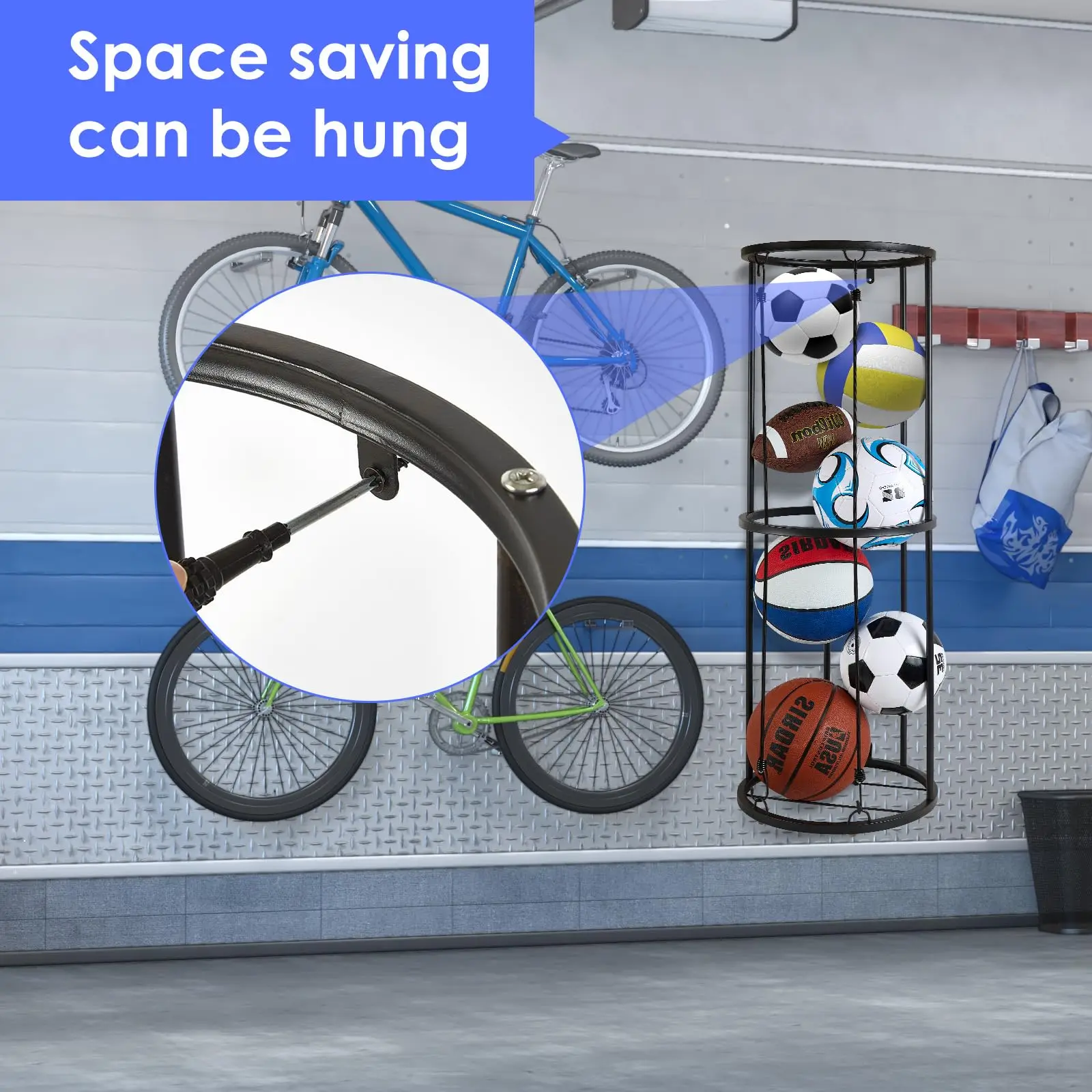 ชั้นวางลูกบอลติดผนังแบบแนวตั้ง ประหยัดพื้นที่ สำหรับจัดเก็บอุปกรณ์กีฬา เช่น บาสเกตบอล ใช้ได้ในโรงรถ ห้องเด็ก และกลางแจ้ง