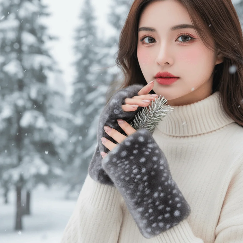 Thickened Fingerless Furry Gloves Fleece Lined Elastic Cuff Faux Fur Handwarmer Chic Fluffy Texture Half Finger Mittens Students