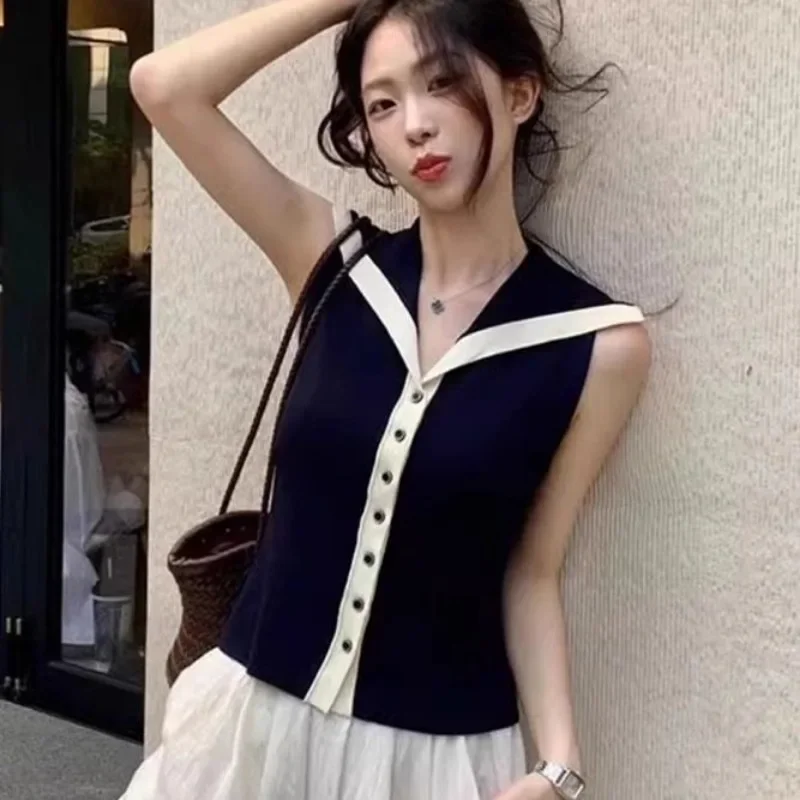 

Женские летние простые офисные женские однотонные вязаные майки с матросским воротником, женские модные универсальные милые топы без рукавов