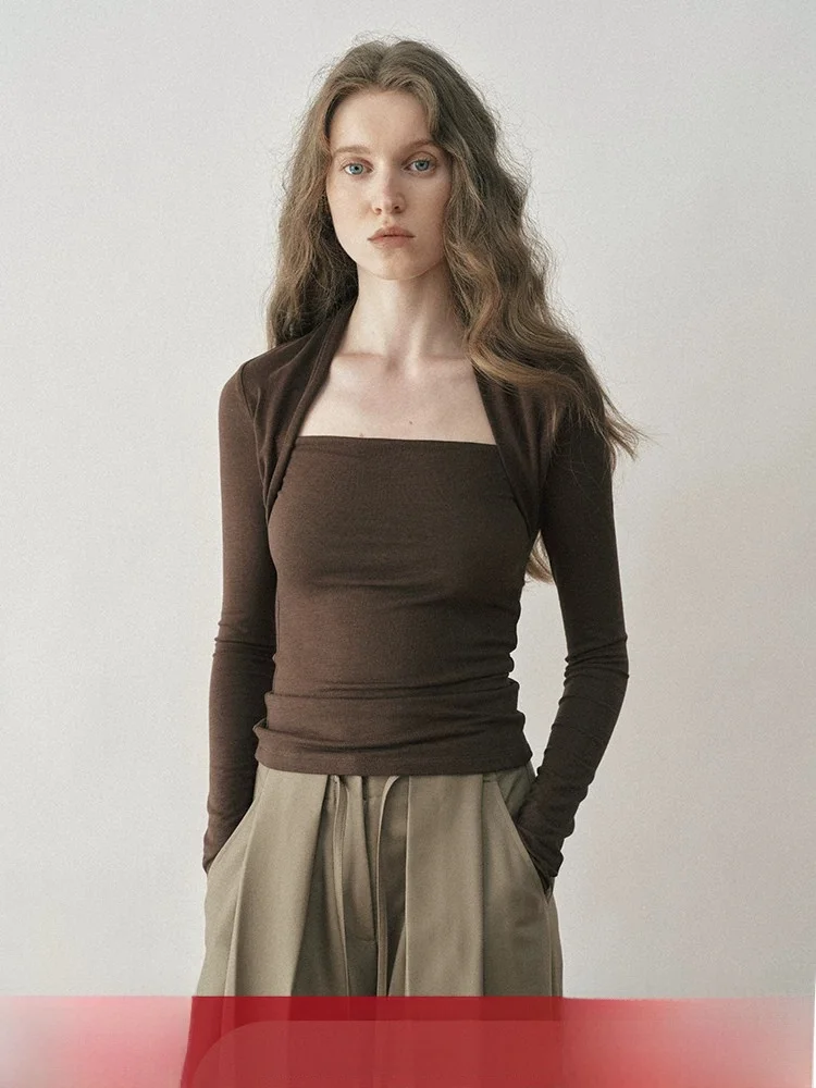 Classic Retro Square Collar Long Sleeve T-Shirt Bone out T-Shirt Slim Pure Color Inner Wear Base Shirt Top for Women