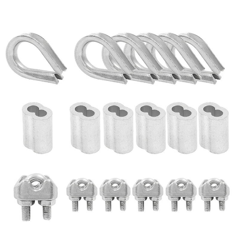 

18 Piece M3 (1/8Inch) Wire Rope Accessory Set Silver Stainless Steel M3 Wire Rope Cable Clip Clamp Thimble Crimping Loop Sleeve
