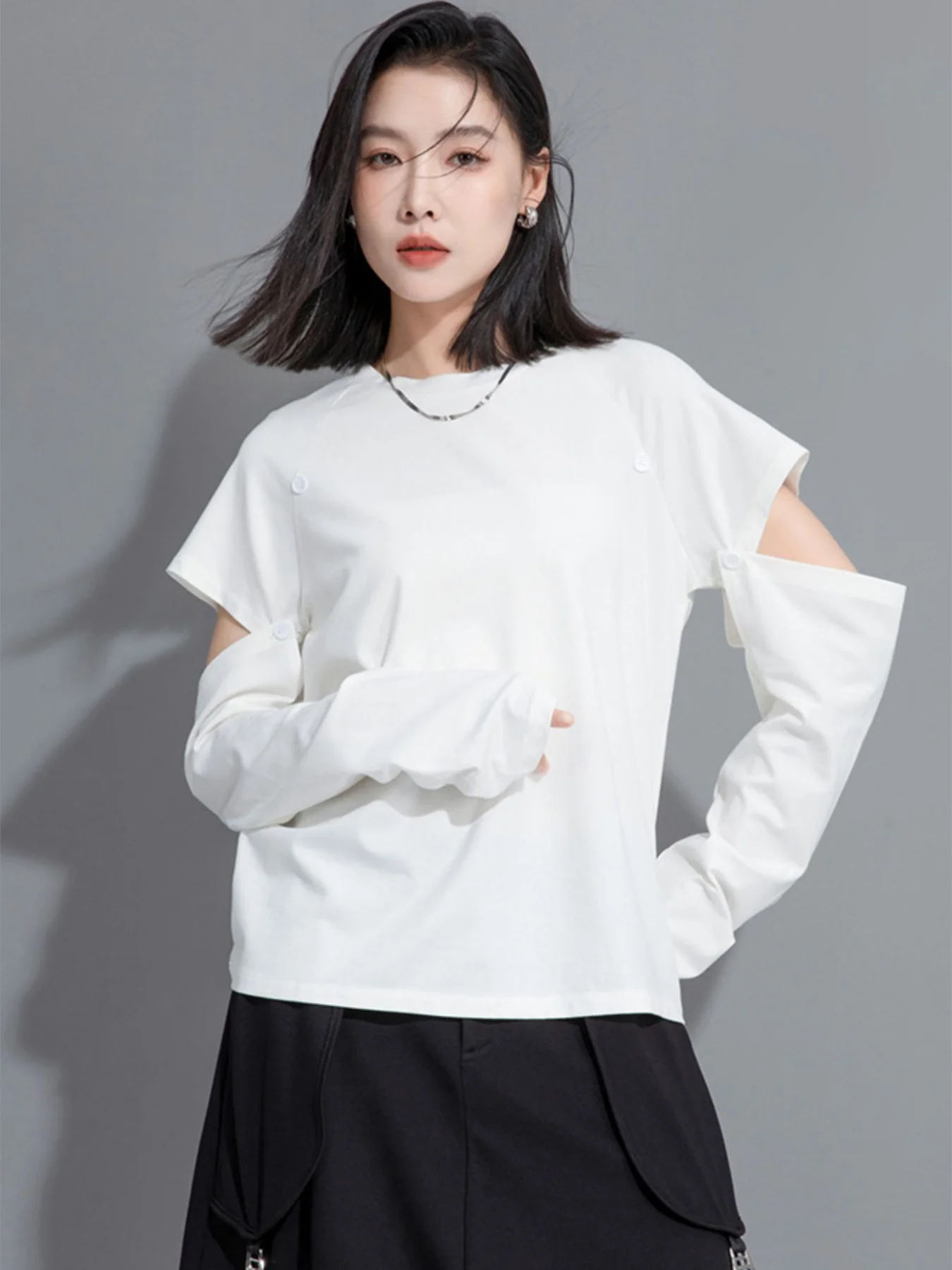 Spring Summer New Design Detachable Short Sleeve Loose Slimming Casual Long Sleeve T-Shirt Unique Style Upper Body Fashion