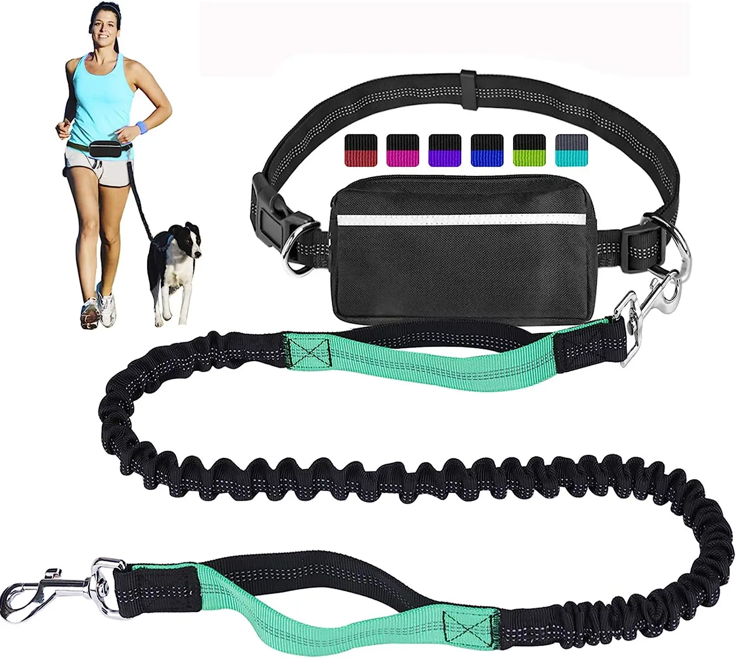 Hands Free Dog Leash for Running Walking Training Dual-Handle Reflective Bungee Poop Bag Dispenser Pouch Adjustable Waist Belt